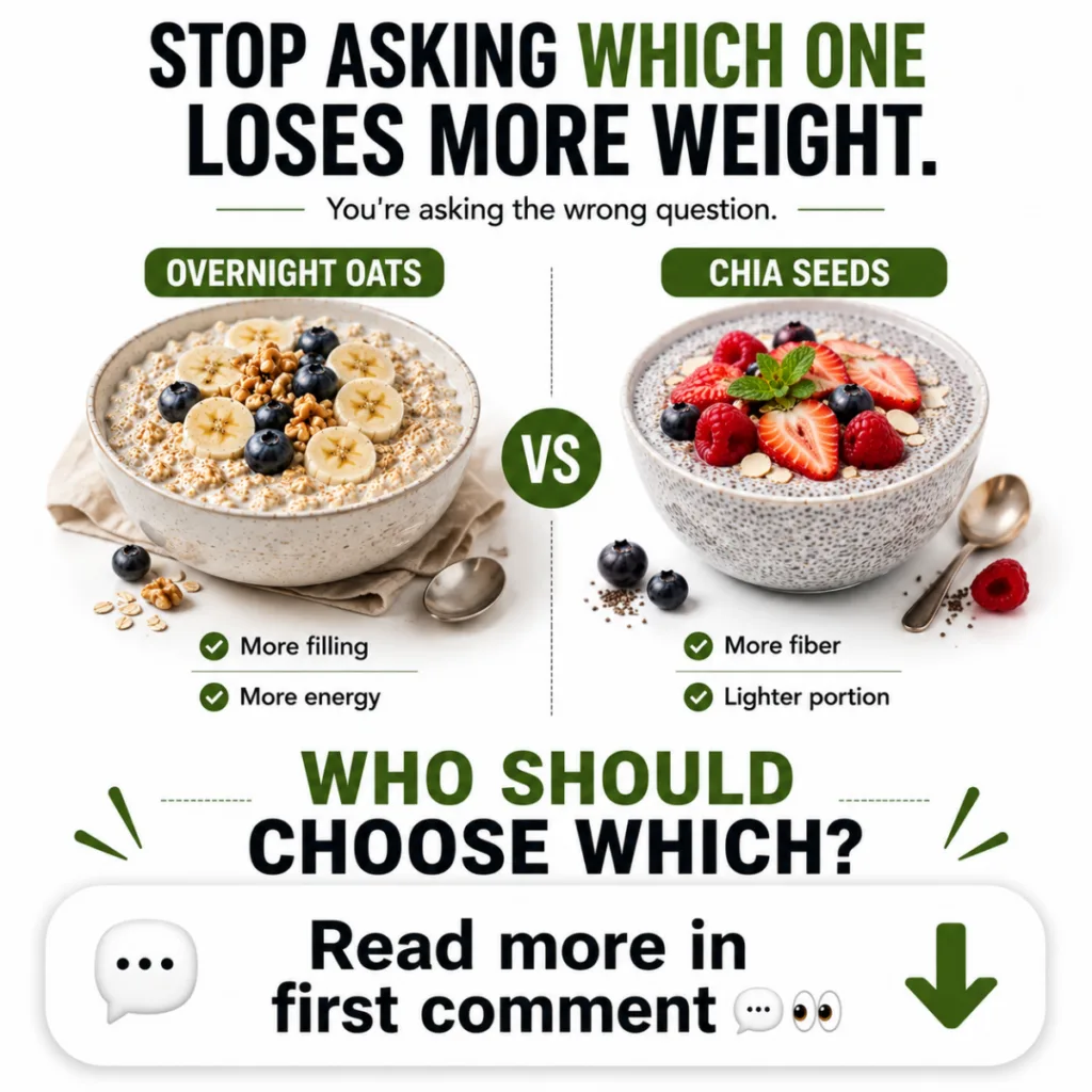 Visually appealing infographic comparing two bowls one of overnight oats and one of chia seed pudding side-by-side on a 