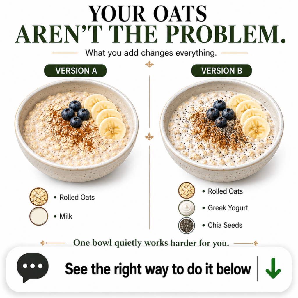 A clear comparative infographic showcasing two bowls of oatmeal VERSION A shows plain oats with milk VERSION B shows oat