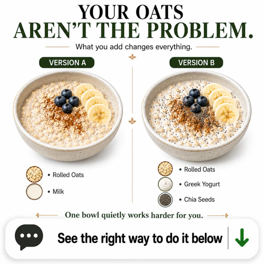 A clear comparative infographic showcasing two bowls of oatmeal VERSION A shows plain oats with milk VERSION B shows oat