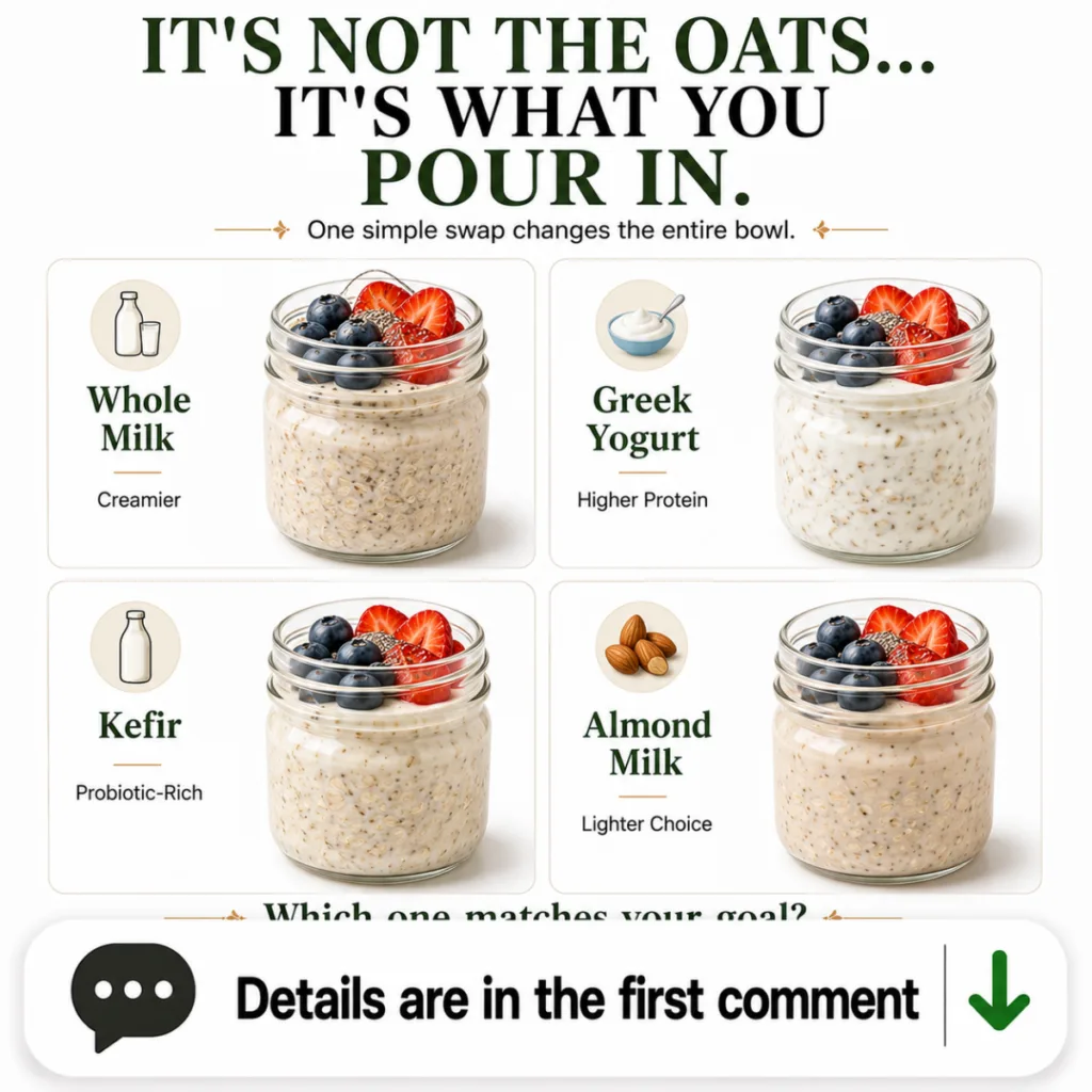 An infographic titled IT S NOT THE OATS IT S WHAT YOU POUR IN showcasing four variations of overnight oats based on diff