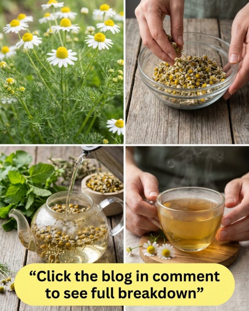 A four-panel collage illustrating the journey of chamomile tea from fresh flowers in a vibrant green field to dried flow