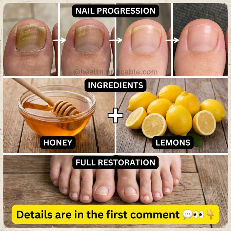 A visual collage showing nail progression from unhealthy to healthy ingredients honey and lemons and the final result of