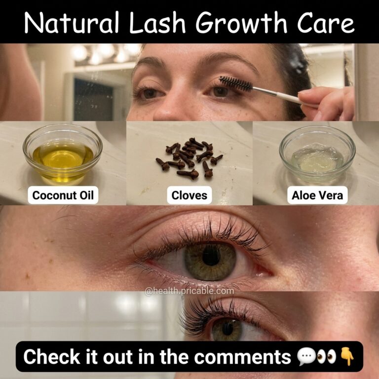 A multi-panel collage showing a person applying lash serum bowls of coconut oil cloves and aloe vera gel and close-ups o