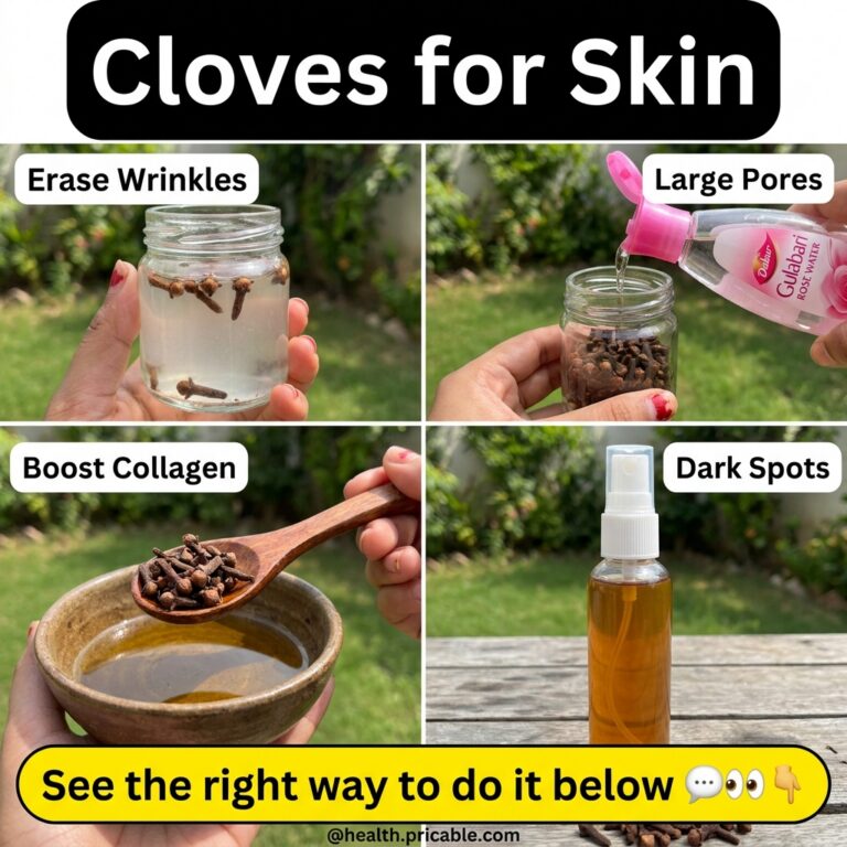 A collage graphic showcasing four different DIY clove remedies for skin Erase Wrinkles Large Pores Boost Collagen and Da