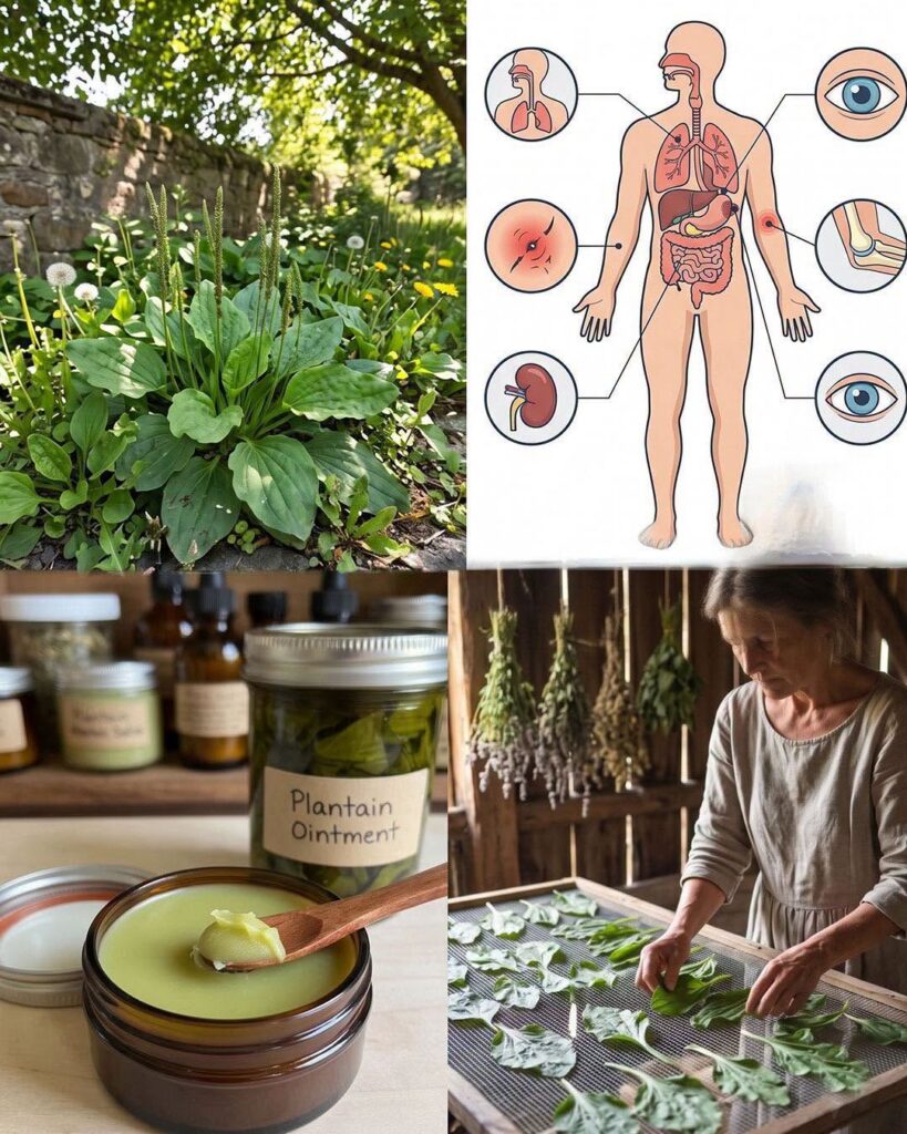 A four-panel collage illustrating the plantain plant in nature its various medicinal applications on a human body diagra