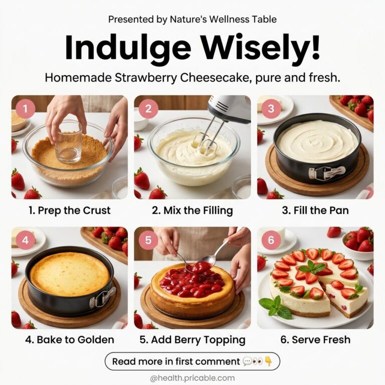 Infographic showing 6 steps to make homemade strawberry cheesecake with fresh strawberries hands preparing and the finis