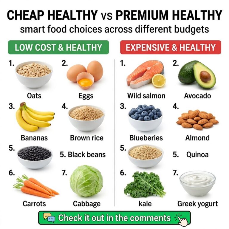 Brightly lit infographic titled CHEAP HEALTHY vs PREMIUM HEALTHY showing a side-by-side comparison of affordable healthy