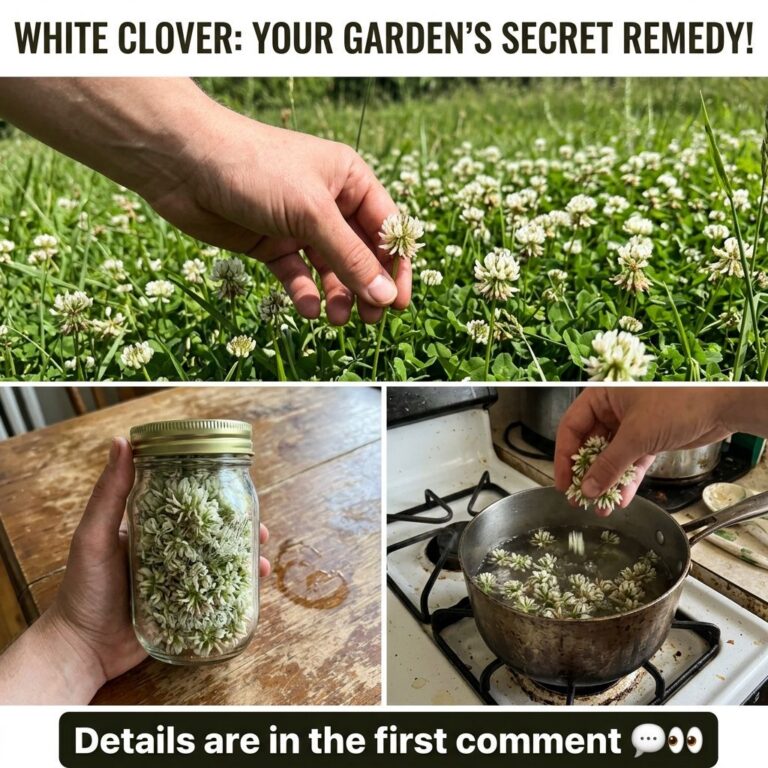 A multi-panel collage illustrating the process of harvesting white clover from a field collecting the florets in a mason