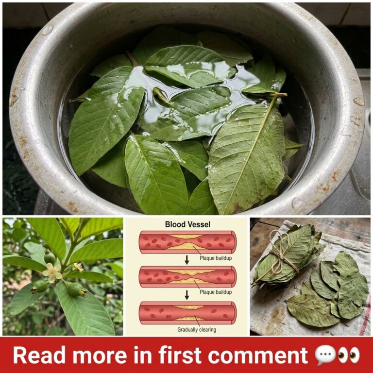 A multi-panel collage showing fresh guava leaves soaking in a pot a guava branch with fruit a medical diagram of plaque 