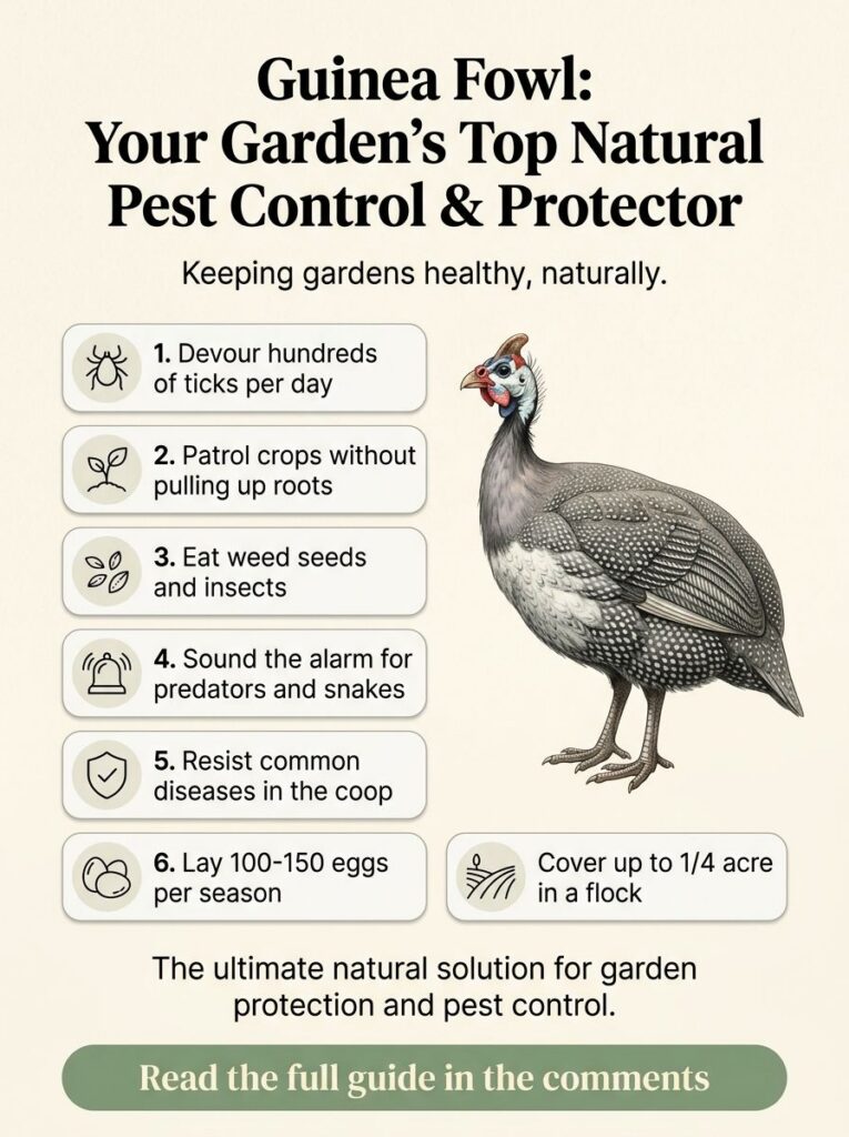 An infographic detailing the benefits of guinea fowl as natural garden protectors showing a guinea fowl and a list of it