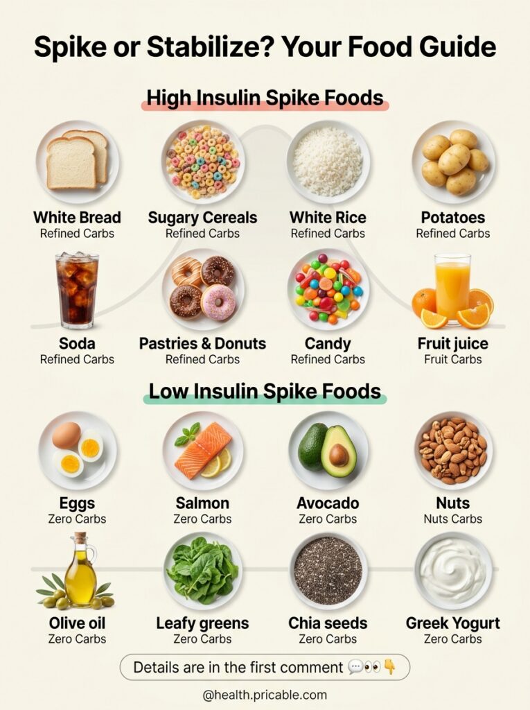 An infographic titled Spike or Stabilize Your Food Guide visually categorizing foods into High Insulin Spike Foods and L