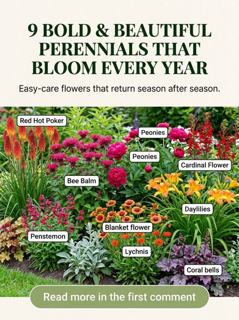 An infographic showcasing nine different perennial flowers with their common names labeled surrounded by a vibrant garde