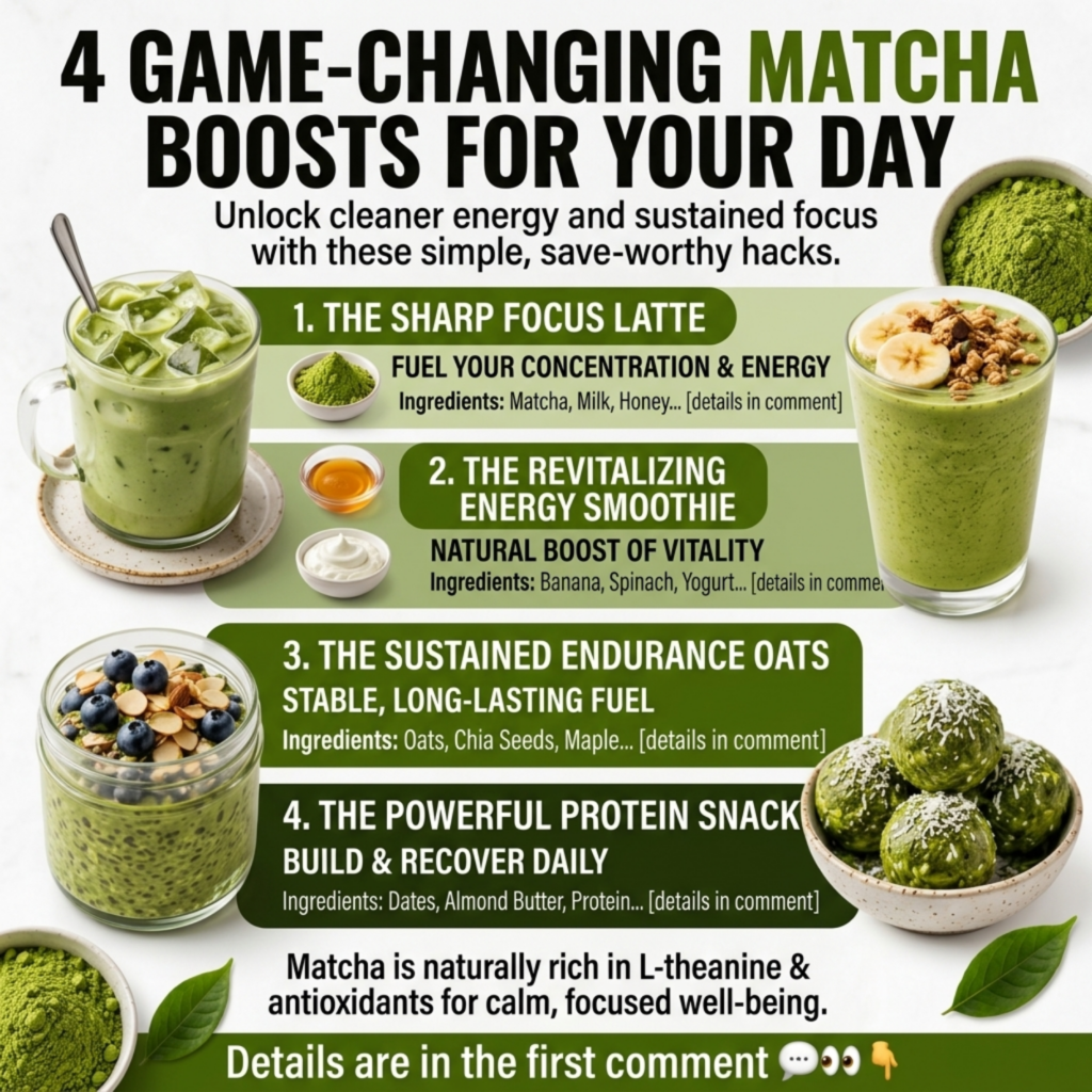 A vibrant and modern wellness style flat lay showcasing the four matcha creations from the infographic a sharp focus lat