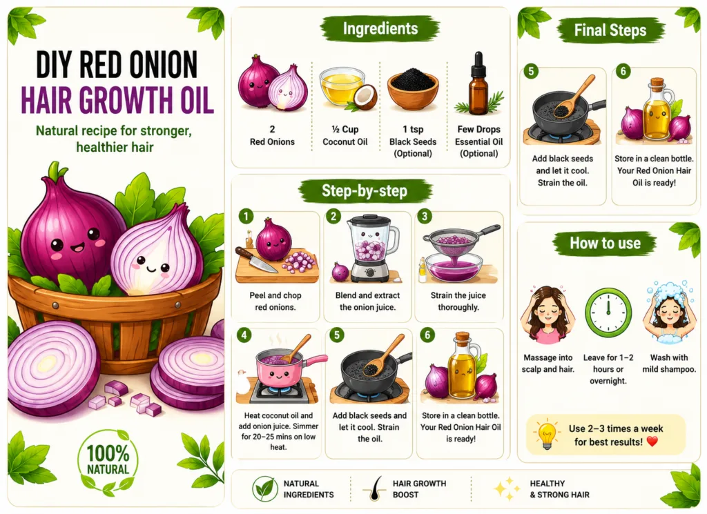 A detailed infographic illustrating a DIY recipe for red onion hair growth oil showing ingredients step-by-step instruct