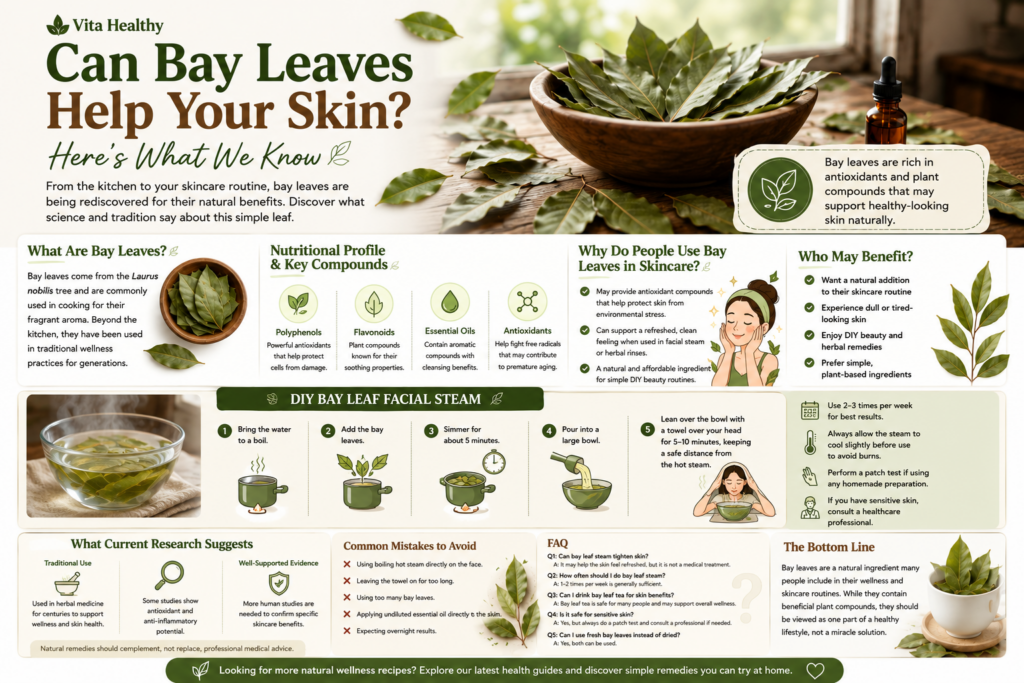 A vibrant illustration of fresh bay leaves and dried bay leaves next to a bowl of water with a woman gently enjoying a f