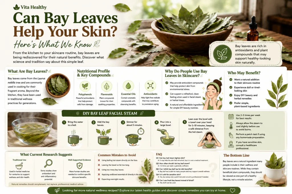 A vibrant illustration of fresh bay leaves and dried bay leaves next to a bowl of water with a woman gently enjoying a f