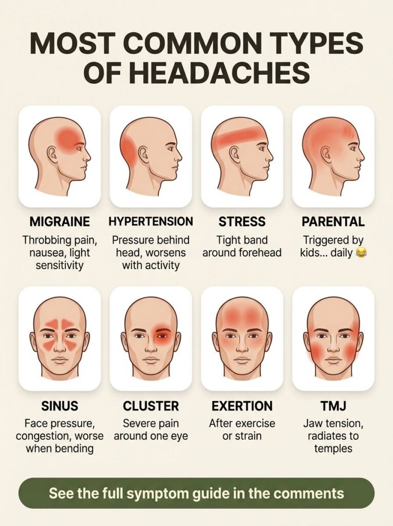 An infographic showing eight different types of headaches each with a diagram of a head highlighting the pain location a