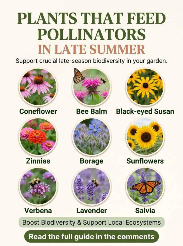 An infographic showing nine different flowering plants beneficial for late summer pollinators arranged in a 3x3 grid wit
