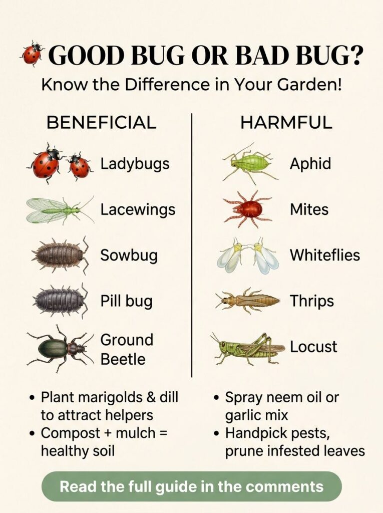 An infographic illustrating beneficial and harmful garden insects side-by-side with distinct visual examples for each ca