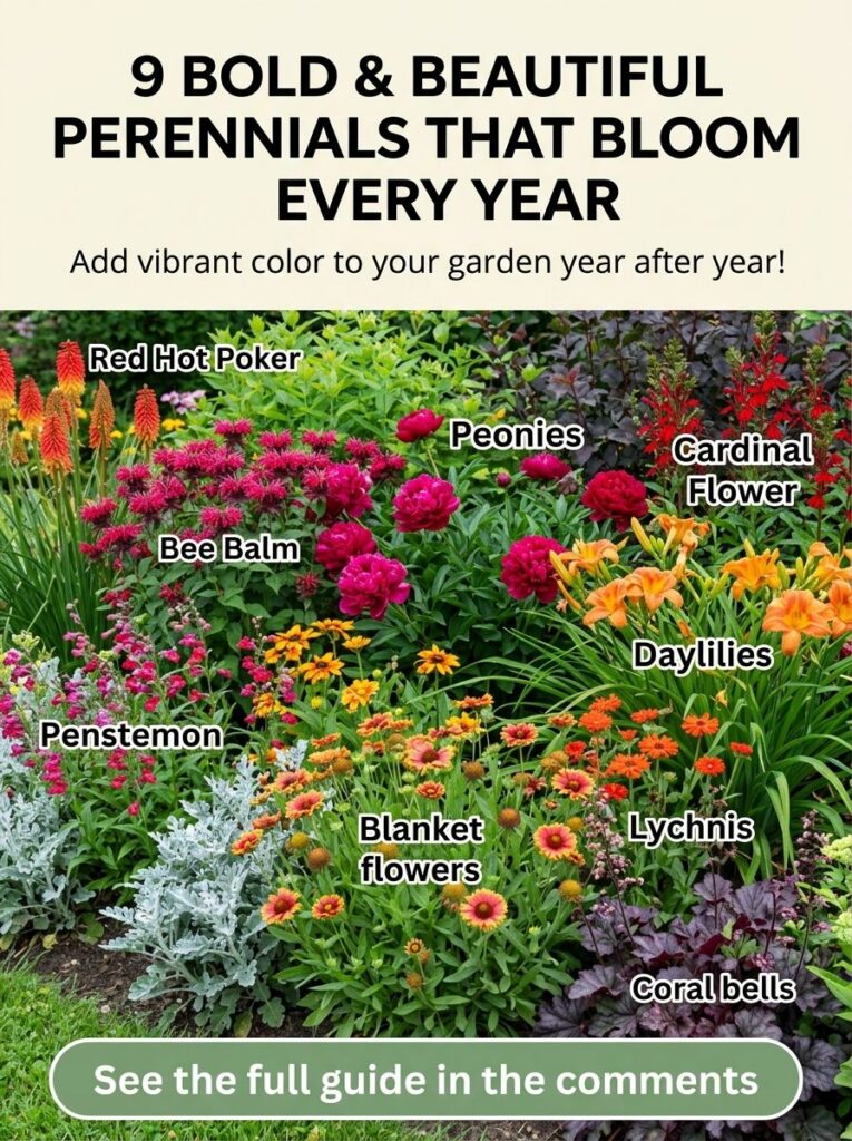 A vibrant garden bed featuring nine different types of perennial flowers including Red Hot Poker Bee Balm Peonies Penste