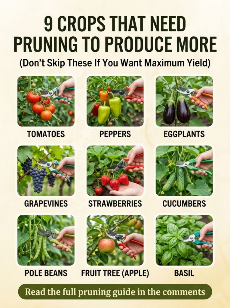 A visual guide illustrating hands pruning nine different crops Tomatoes Peppers Eggplants Grapevines Strawberries Cucumb