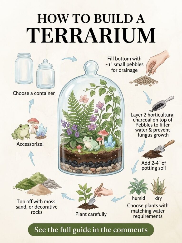 A detailed step-by-step infographic illustrating HOW TO BUILD A TERRARIUM inside a bell-shaped glass container filled wi