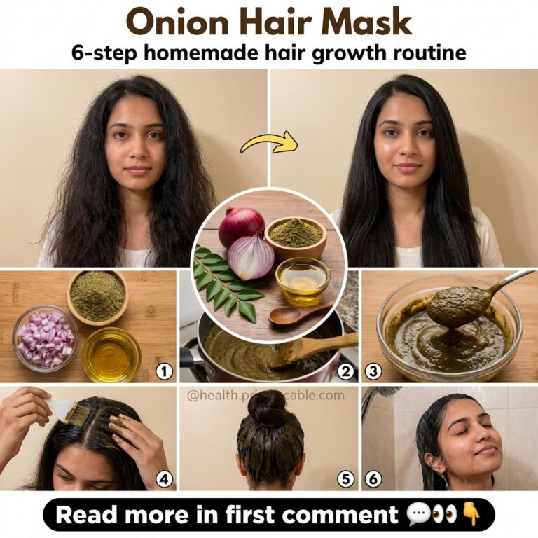 A multi-panel collage demonstrating a 6-step DIY onion hair mask routine showing before after hair ingredients onion her