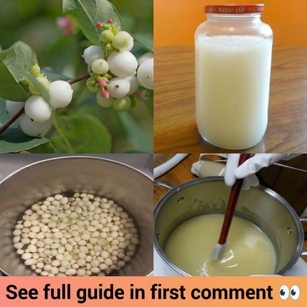 A four-panel collage showing snowberries on a branch berries simmering in a pot a milky liquid being stirred and a finis