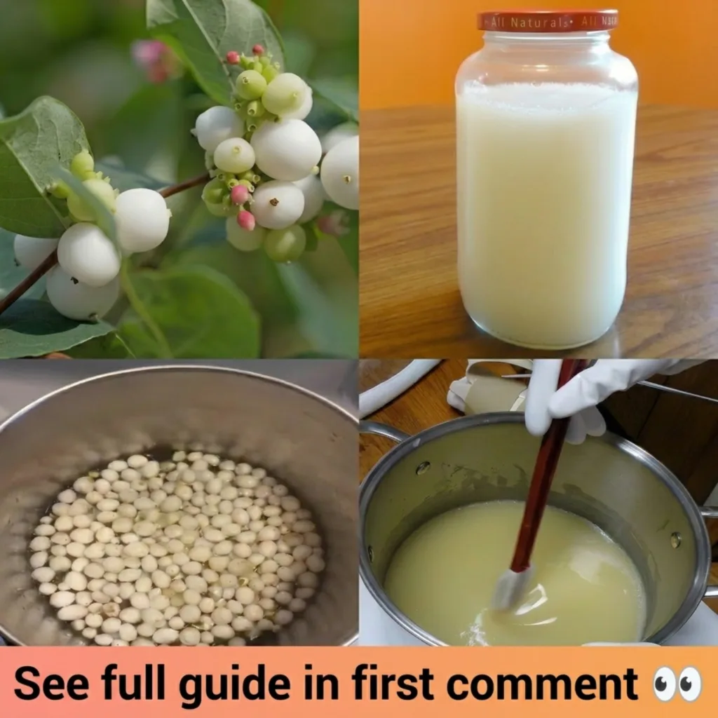 A four-panel collage showing snowberries on a branch berries simmering in a pot a milky liquid being stirred and a finis