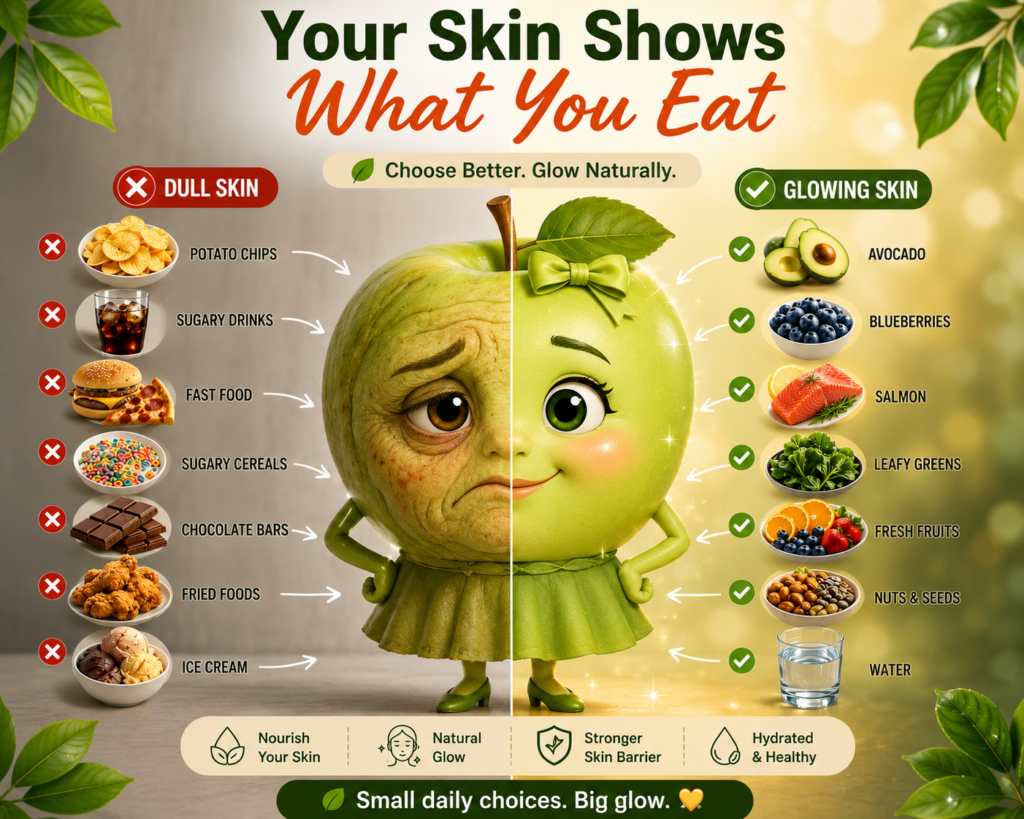 An anthropomorphic green apple character is vertically split illustrating Dull Skin on one side wrinkled sad with unheal