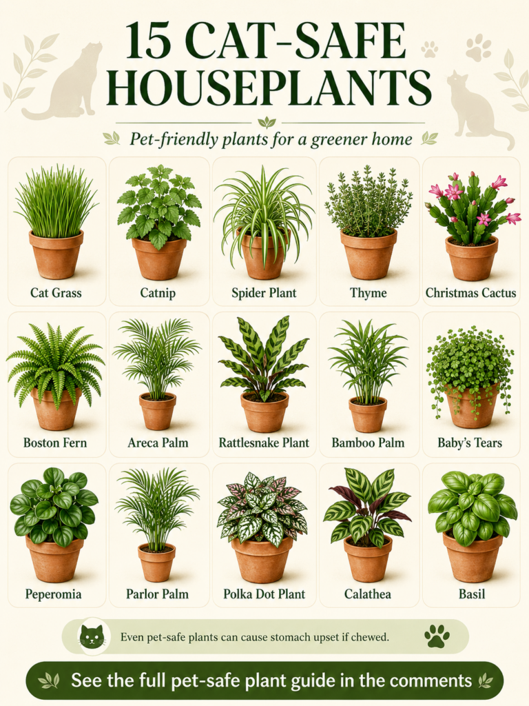 Infographic titled 15 CAT-SAFE HOUSEPLANTS showing illustrations of various houseplants each in a terracotta pot with co