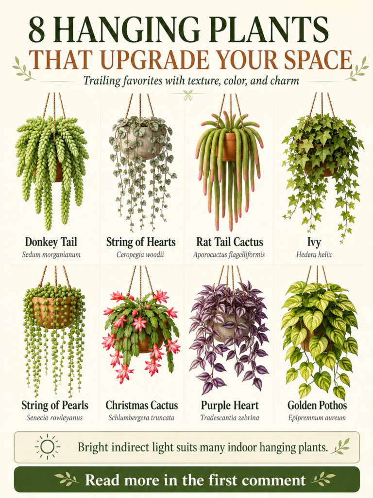 Infographic showcasing 8 popular hanging plants in baskets with their names and general care tips