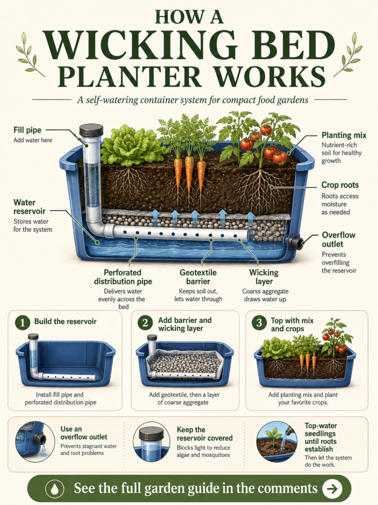 A detailed cutaway illustration of a wicking bed planter showing the water reservoir perforated distribution pipe geotex