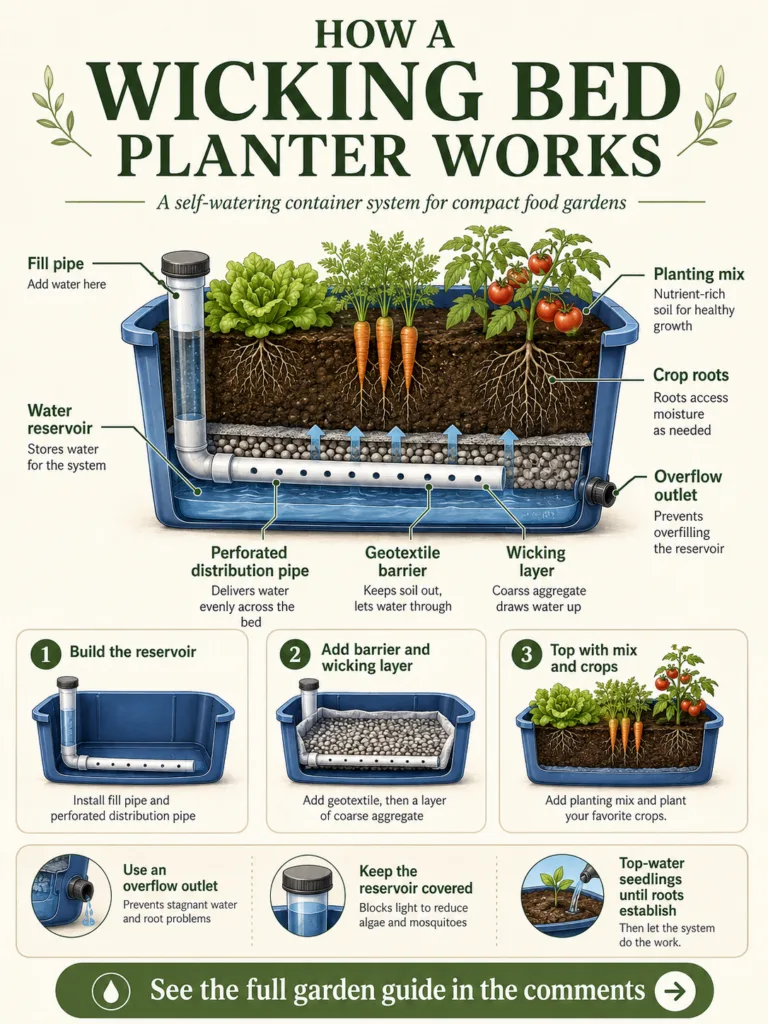 A detailed cutaway illustration of a wicking bed planter showing the water reservoir perforated distribution pipe geotex