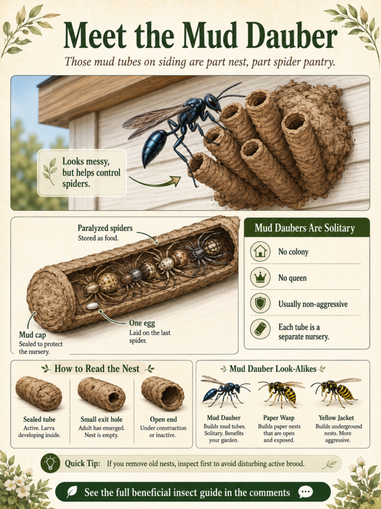An infographic detailing the mud dauber wasp its metallic blue-black appearance a cutaway of its tubular mud nest showin