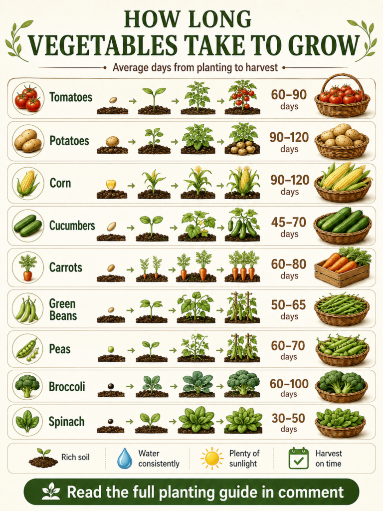 An infographic showing the average days from planting to harvest for various vegetables like tomatoes potatoes corn cucu