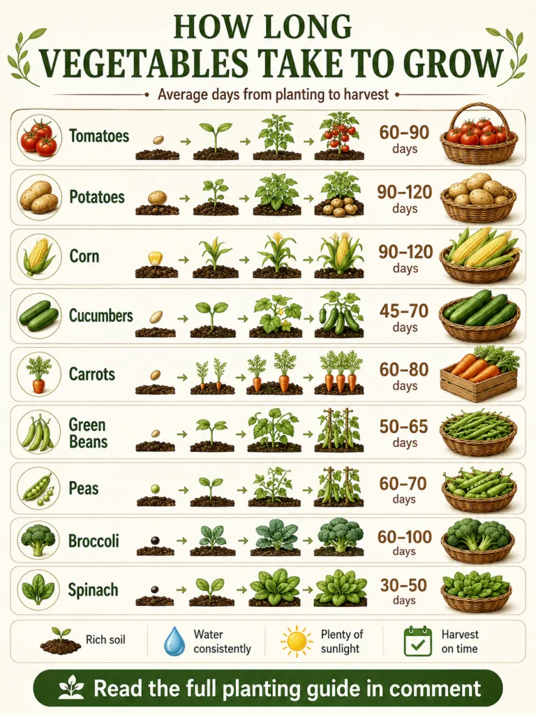 An infographic showing the average days from planting to harvest for various vegetables like tomatoes potatoes corn cucu