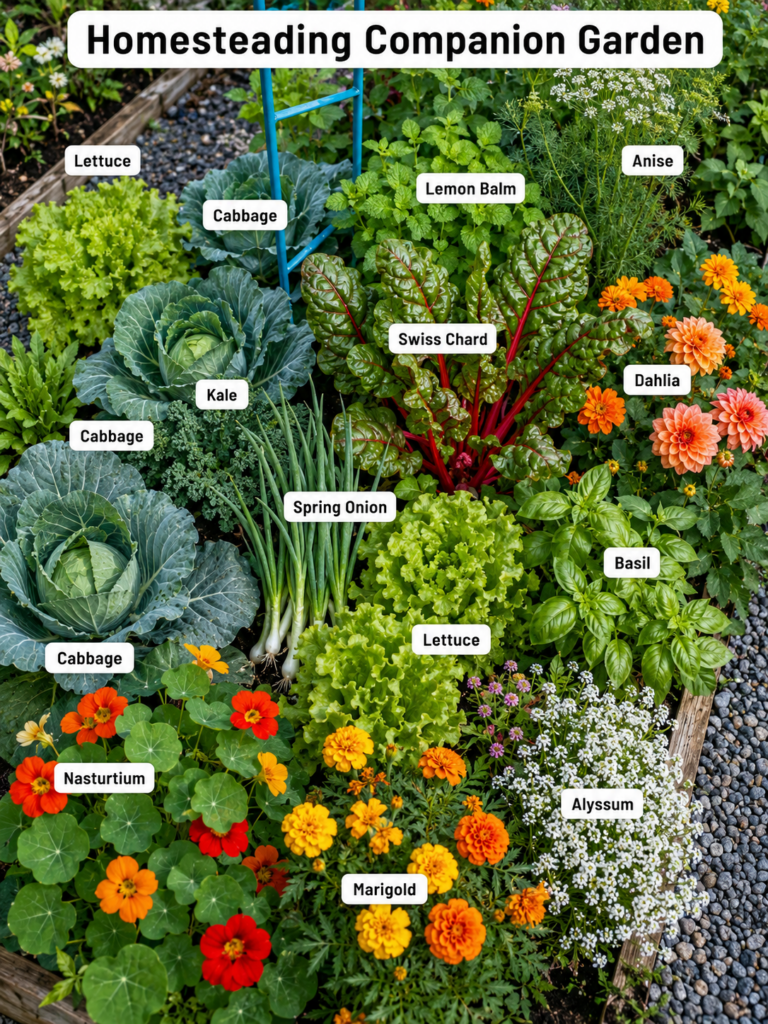 An overhead view of a densely planted raised companion garden bed featuring various labeled vegetables and flowers like 