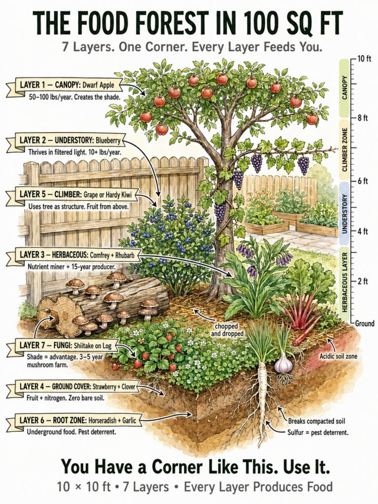 An illustrative diagram of a 100 sq ft food forest showing seven distinct layers of edible plants including a dwarf appl