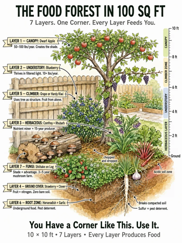An illustrative diagram of a 100 sq ft food forest showing seven distinct layers of edible plants including a dwarf appl