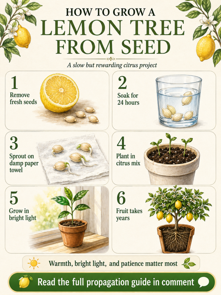 An infographic illustrating the six steps to grow a lemon tree from seed showing seed preparation planting sprouting and