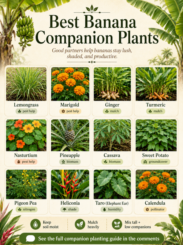 An infographic titled Best Banana Companion Plants showcasing twelve different plants with their benefits for banana cul