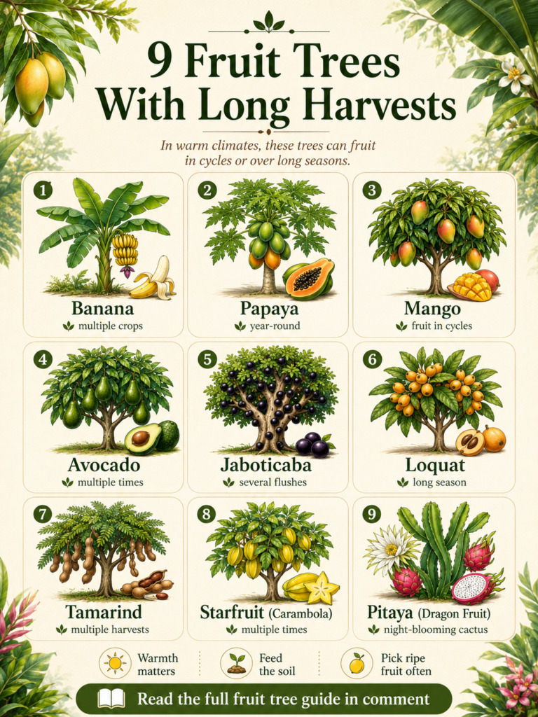 Infographic showing 9 different fruit trees that offer long harvests with illustrations of each tree and its fruit along