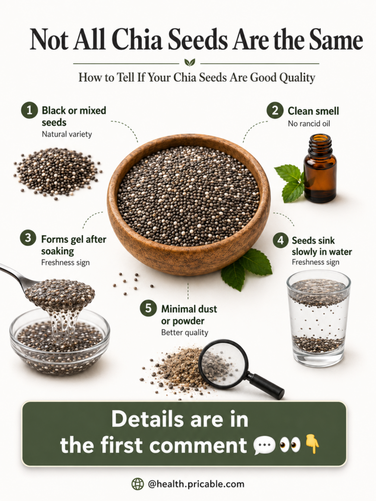 An infographic titled Not All Chia Seeds Are the Same How to Tell If Your Chia Seeds Are Good Quality showing five key i