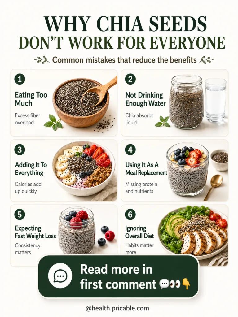 An infographic summarizing common mistakes people make when consuming chia seeds showing why they might not work for eve