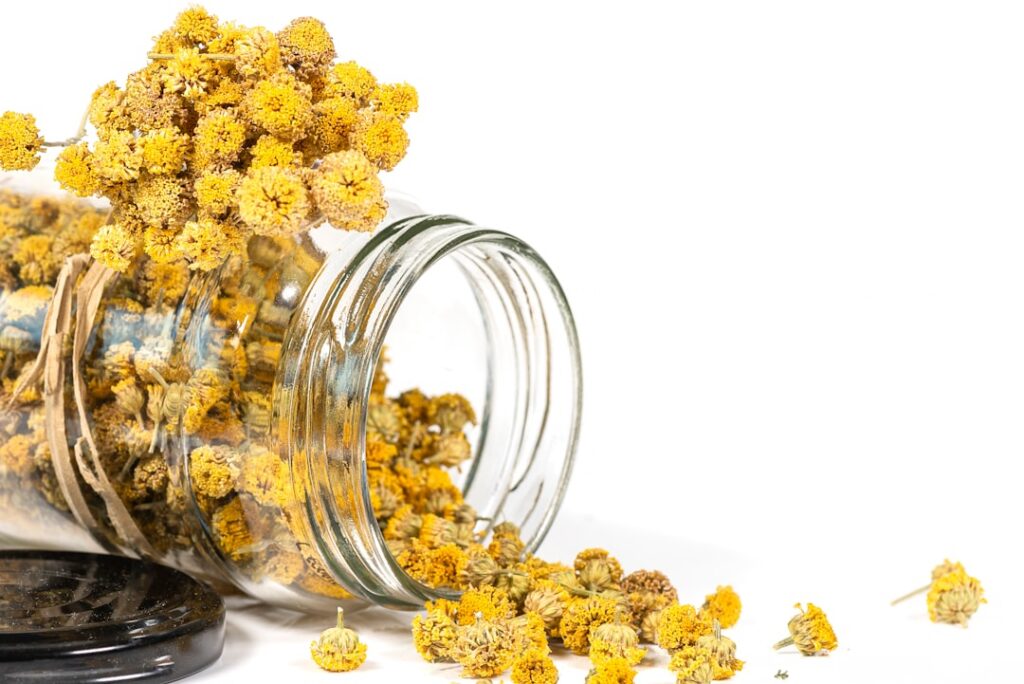 A glass jar filled with light pink dried Mimosa flowers with some loose flowers and possibly a small wooden scoop beside