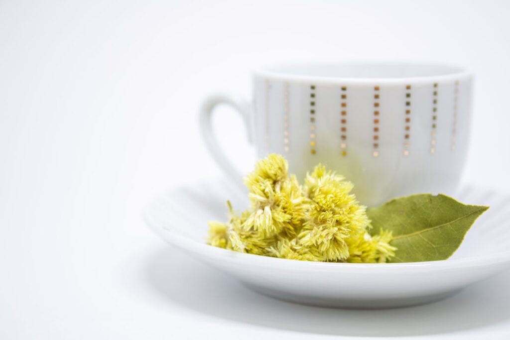 A steaming cup of Mimosa flower tea on a wooden coaster with a few fresh or dried Mimosa flowers scattered around creati