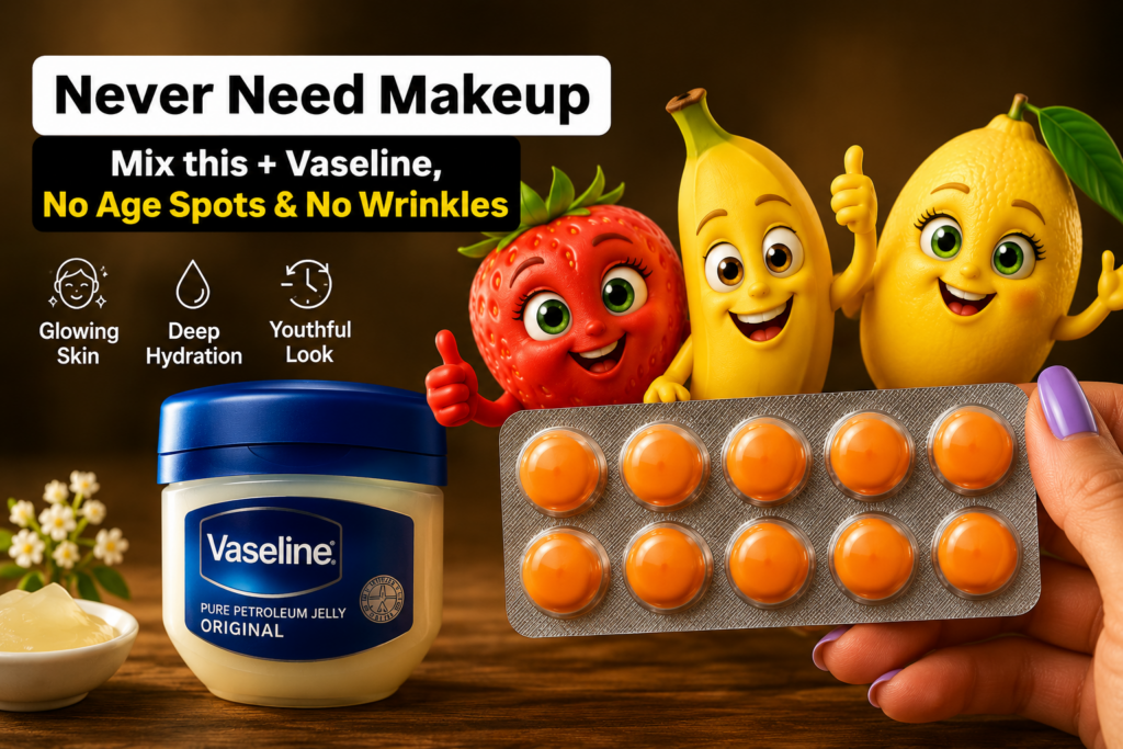 A jar of Vaseline surrounded by animated fruits like strawberry banana and lemon giving thumbs up with a human hand hold