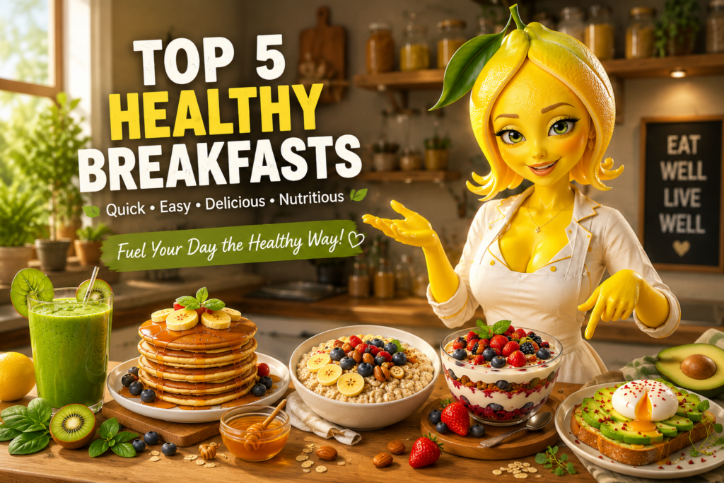 A vibrant spread of five healthy breakfast options a green smoothie banana pancakes oatmeal a berry yogurt bowl and avoc