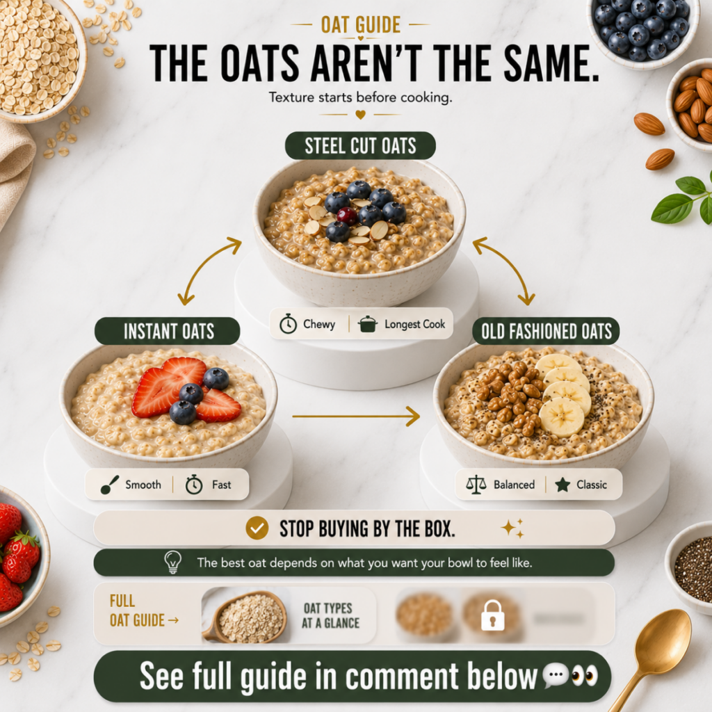 An infographic comparing steel cut old fashioned and instant oats showing their appearance cook time and ideal uses Each